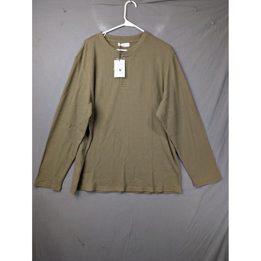 QUALFORT Mens Waffle Knit Henley Shirt Long Sleeve Army Green 2XL